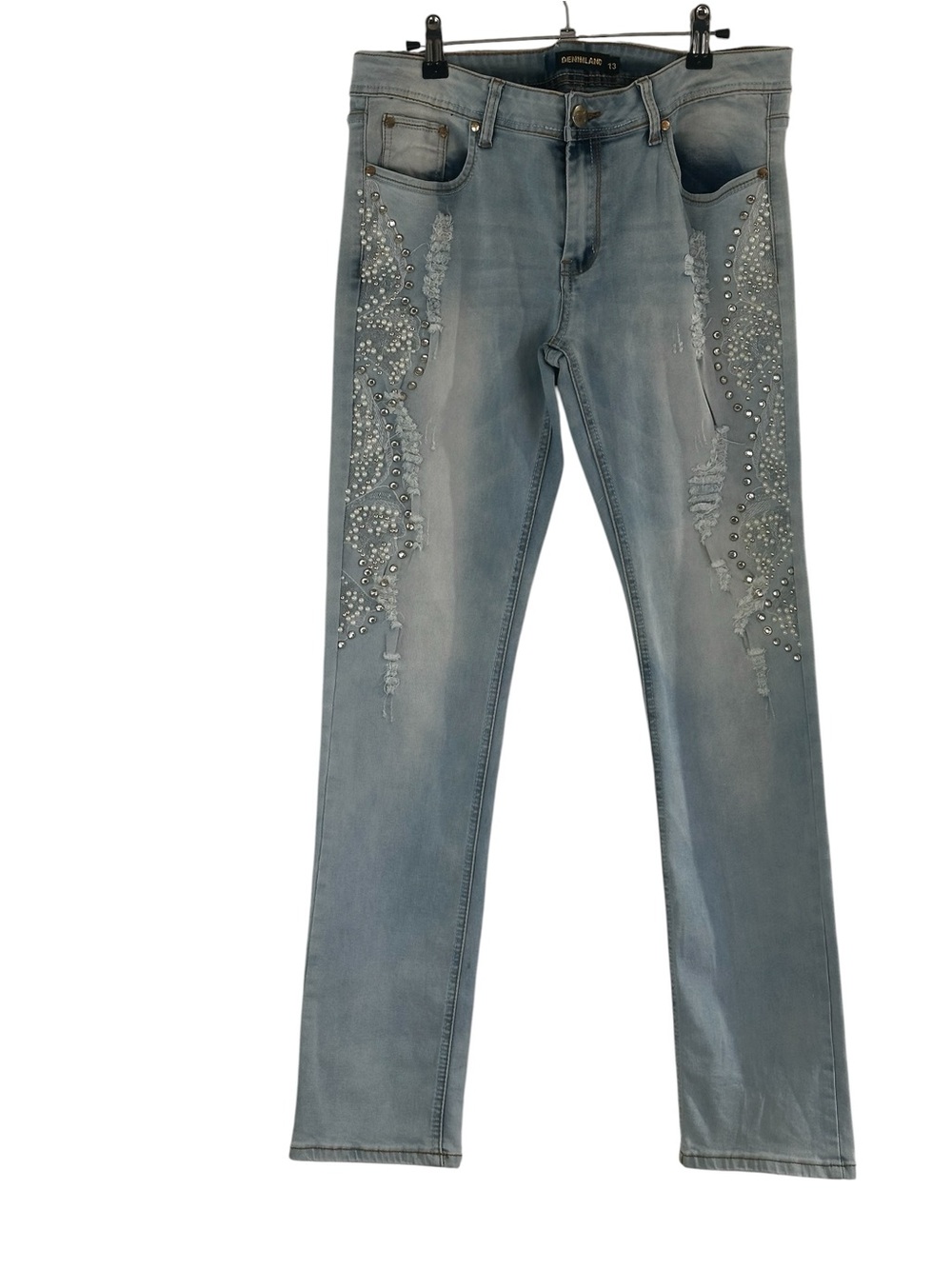 NWT Denimland Y2K McBling Pearl Rhinestone Embellished Distressed Skinny Jeans